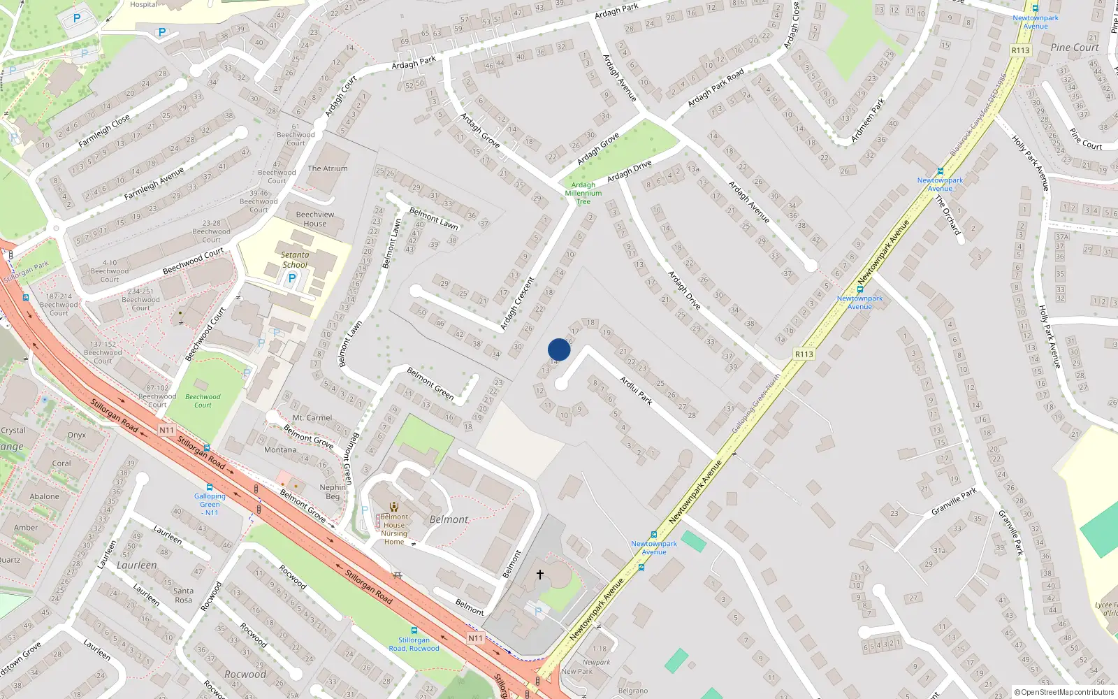 Overhead map showing the location of 15 Ardlui Park, Blackrock