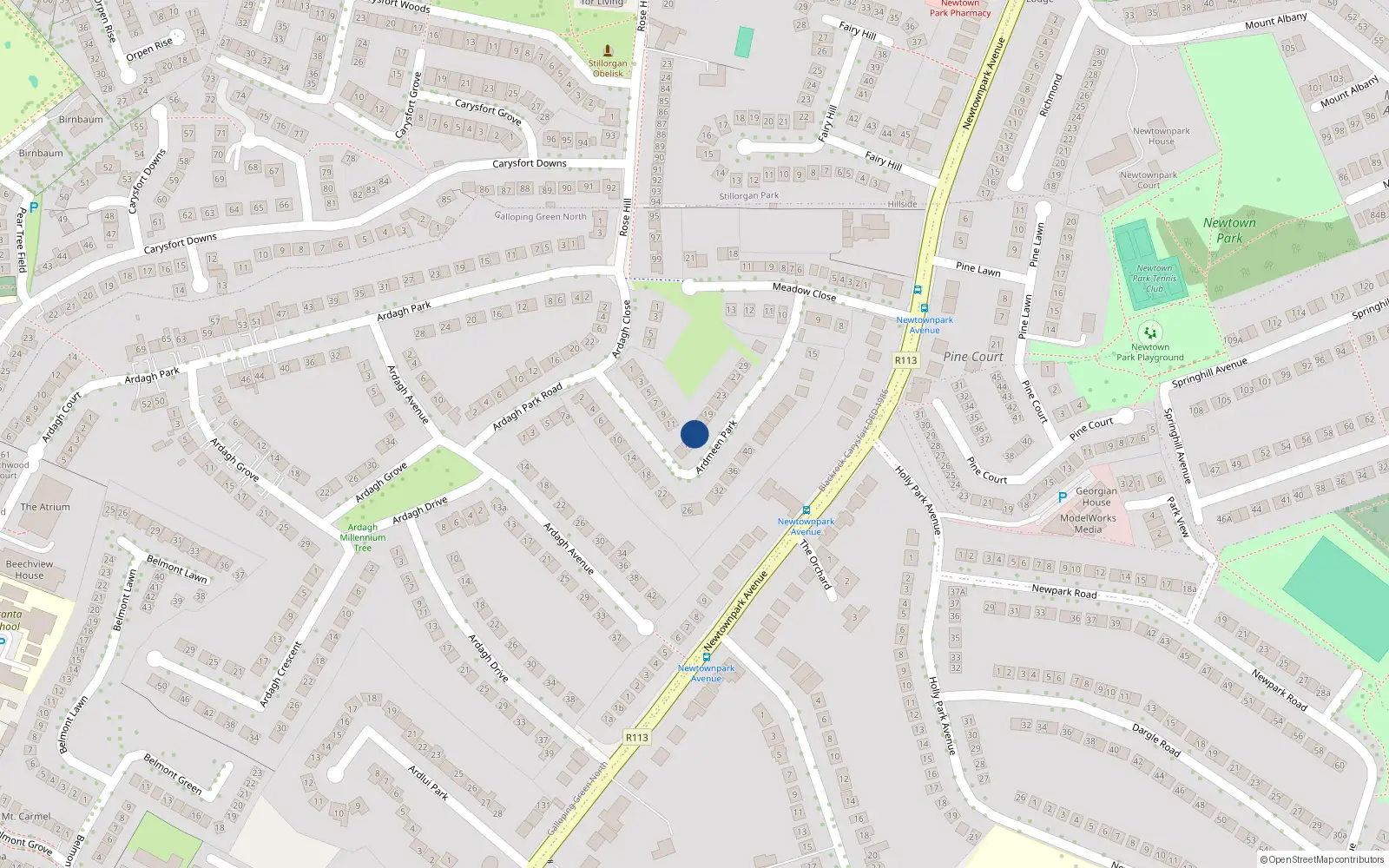 Overhead map showing the location of 15 Ardmeen Park, Blackrock