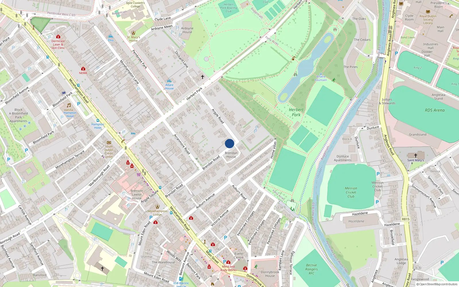 Overhead map showing the location of 15 Argyle Road, Dublin 4