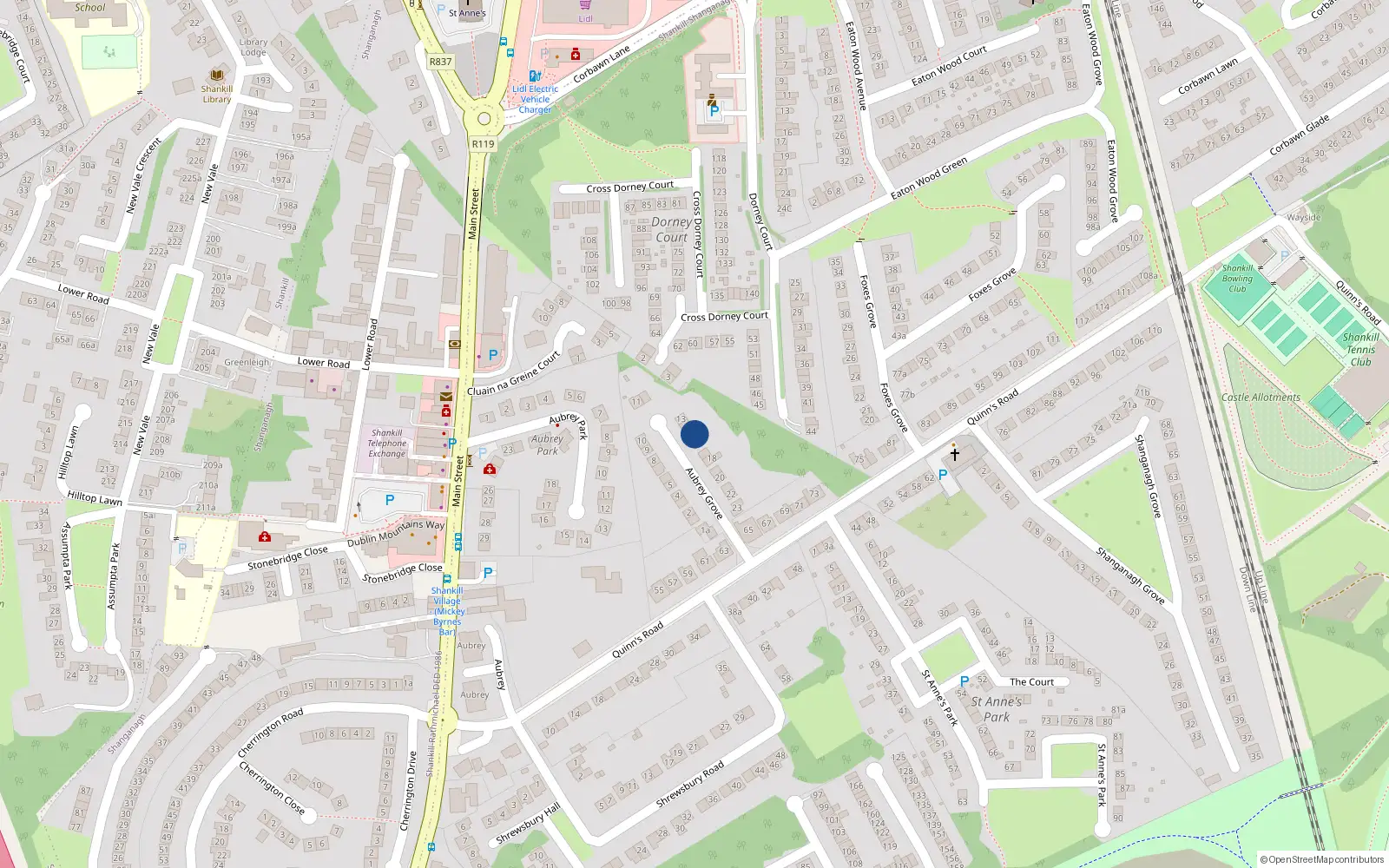 Overhead map showing the location of 15 Aubrey Grove, Shankill