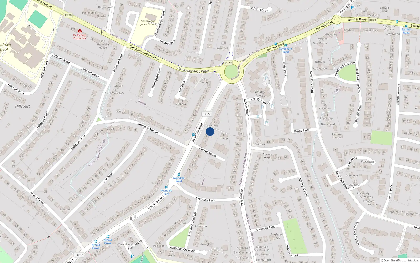 Overhead map showing the location of 15 Avondale Road, Killiney