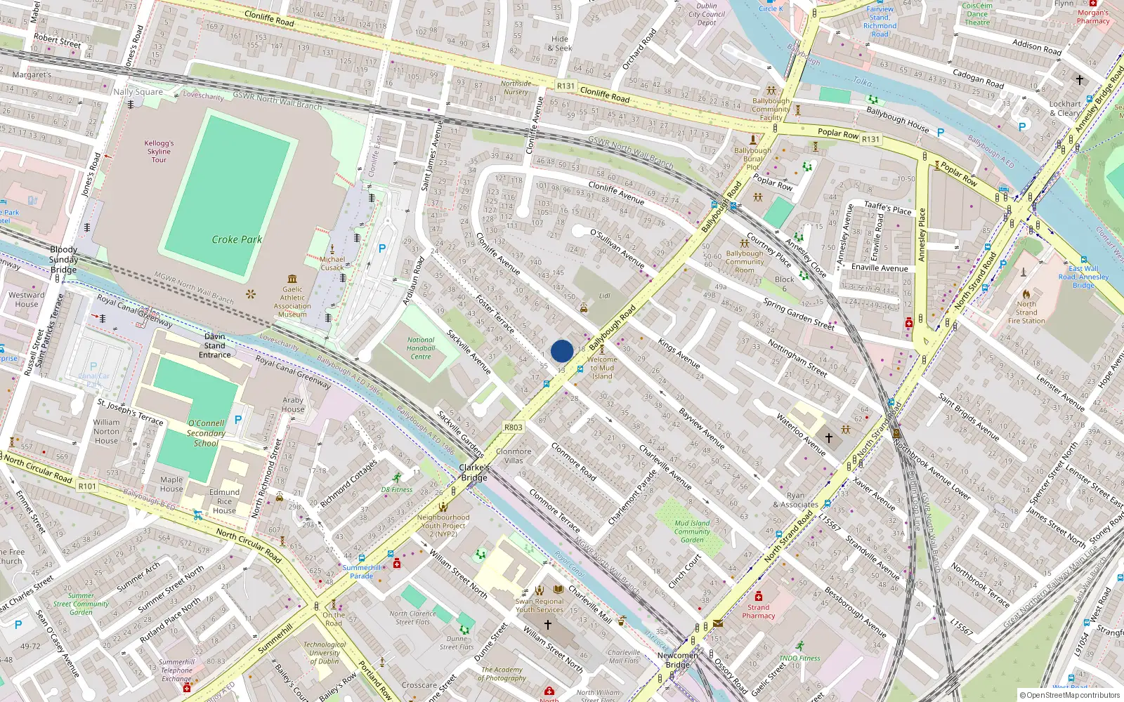 Overhead map showing the location of 15 Ballybough Road, Dublin 3
