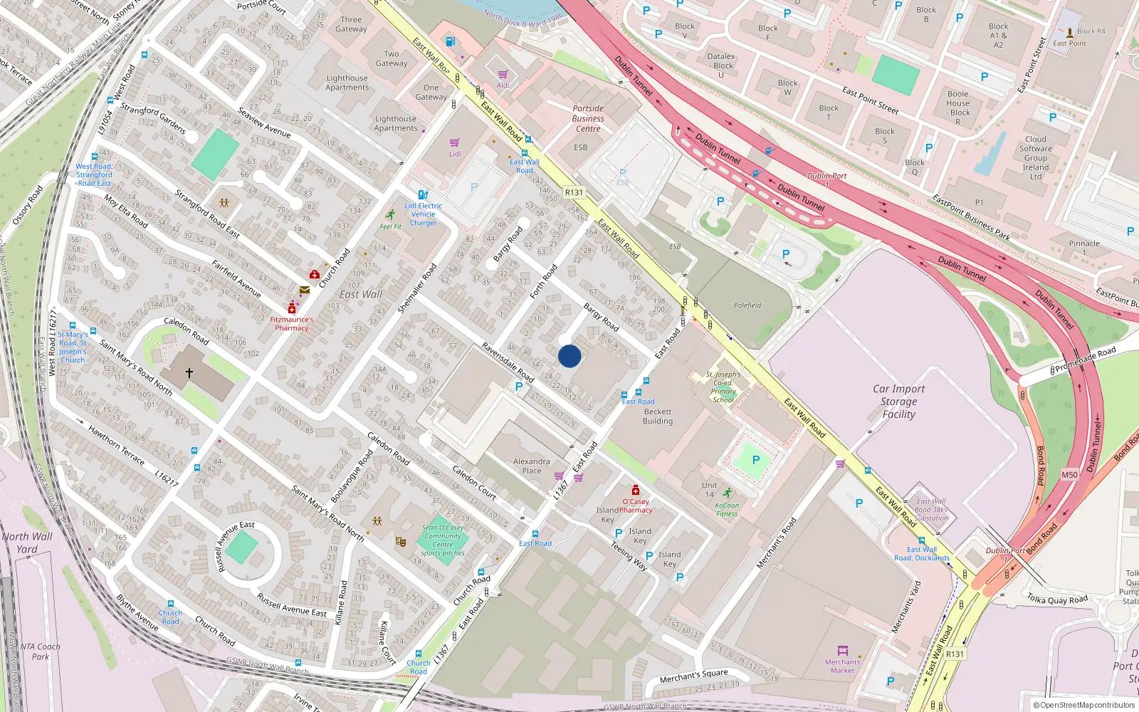 Overhead map showing the location of 15 Bargy Road, East Wall, Dublin