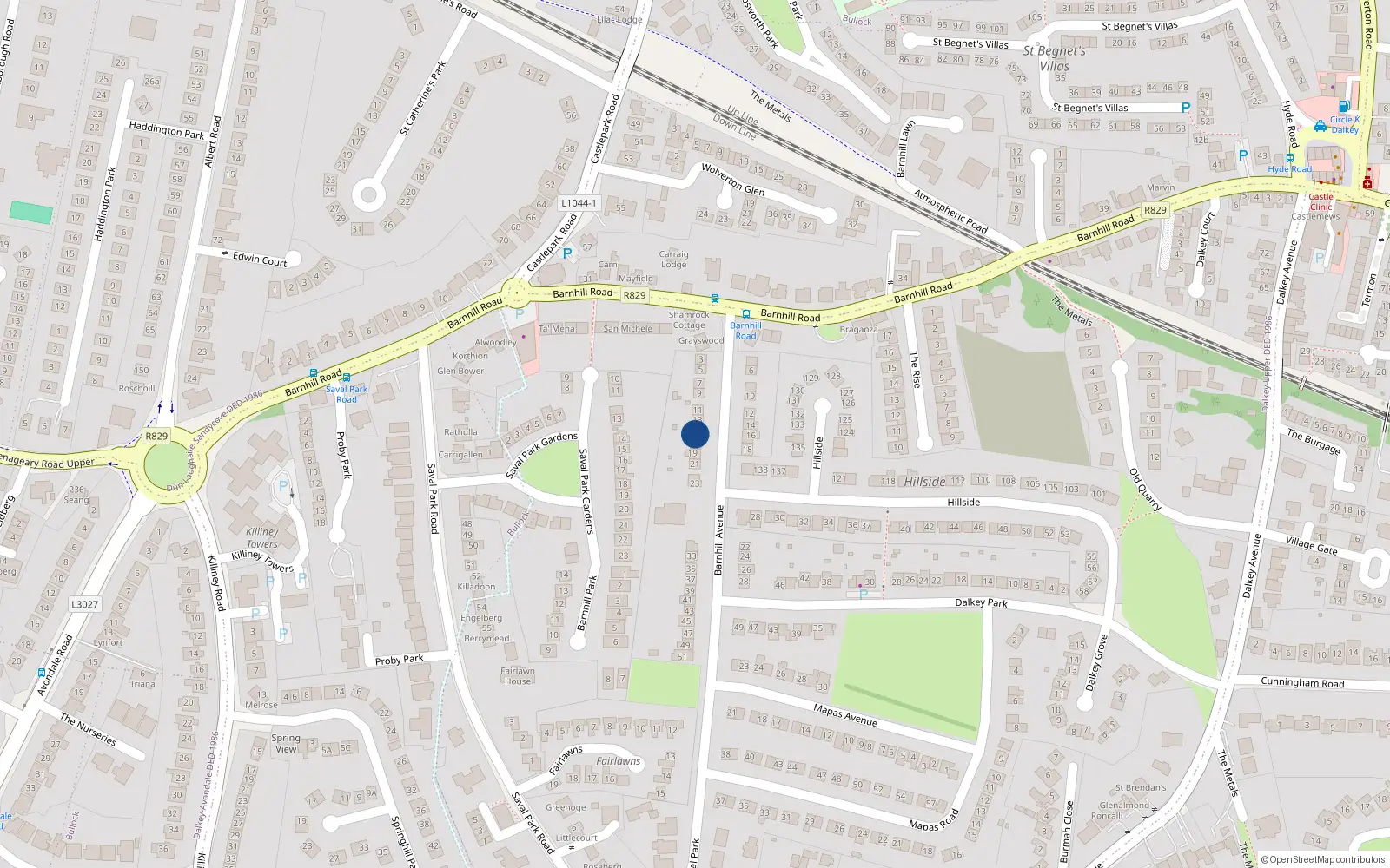 Overhead map showing the location of 15 Barnhill Avenue, Dalkey