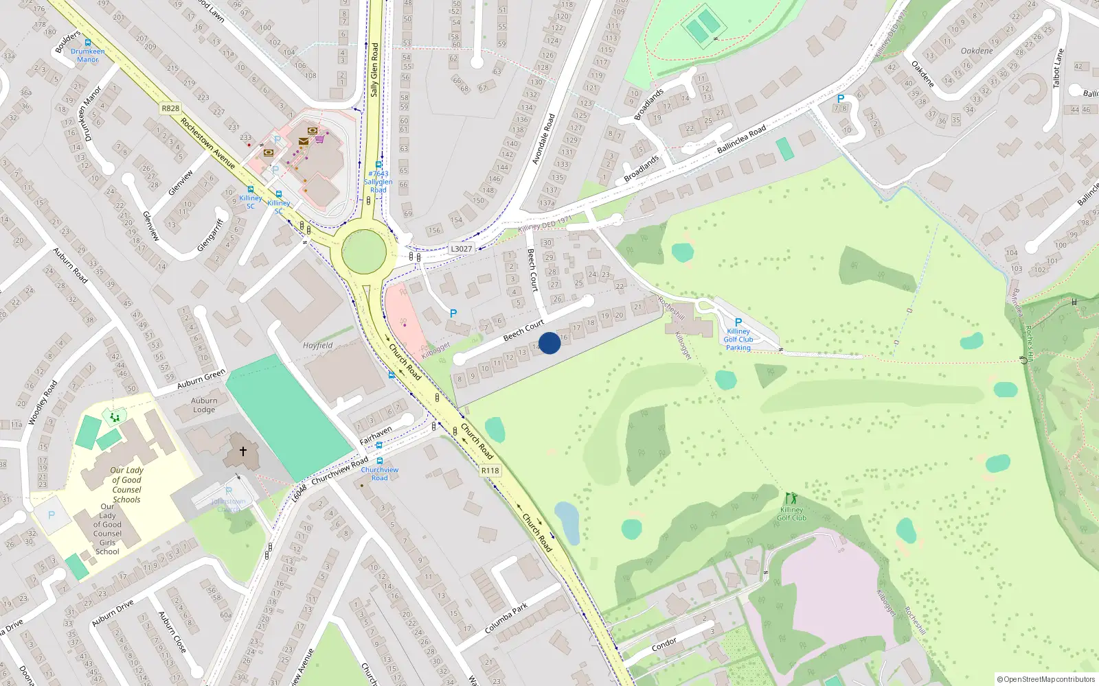Overhead map showing the location of 15 Beech Court, Killiney