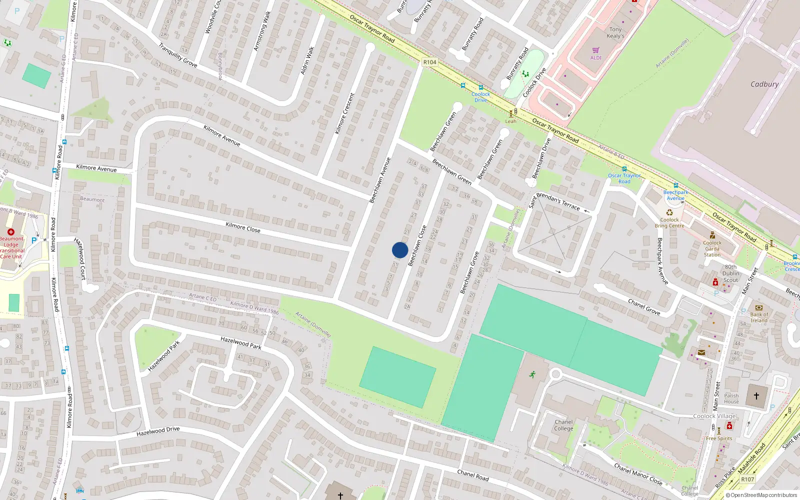 Overhead map showing the location of 15 Beechlawn Close, Dublin 5