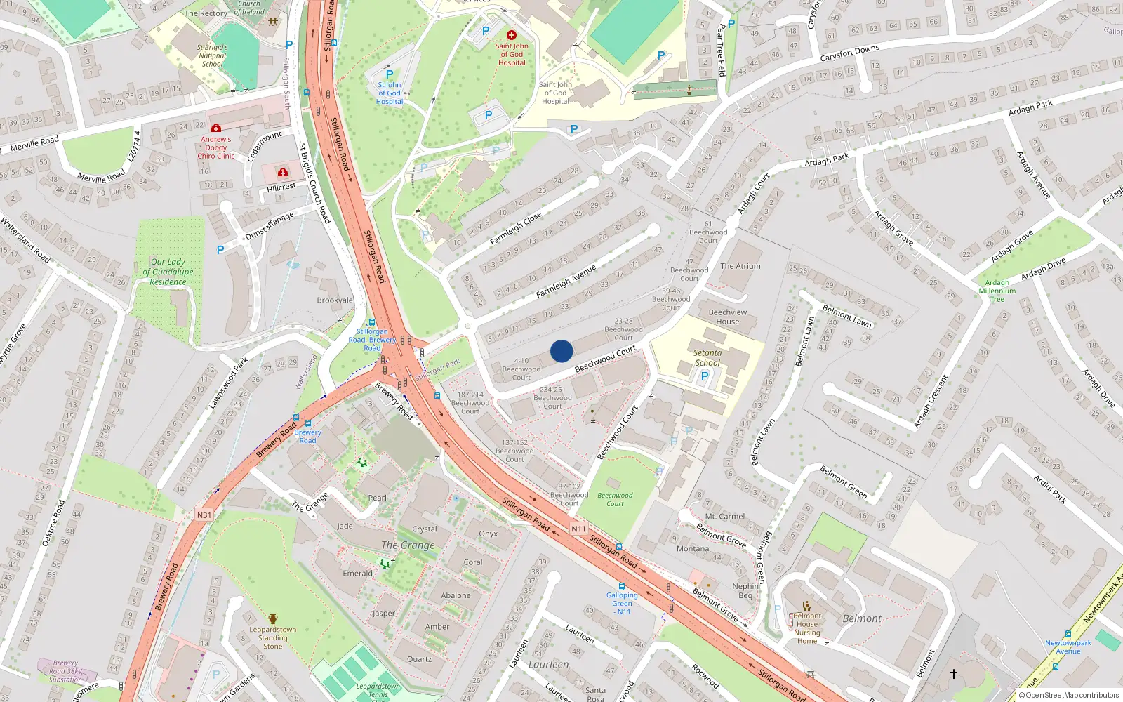 Overhead map showing the location of 15 Beechwood Court, Stillorgan, Dublin