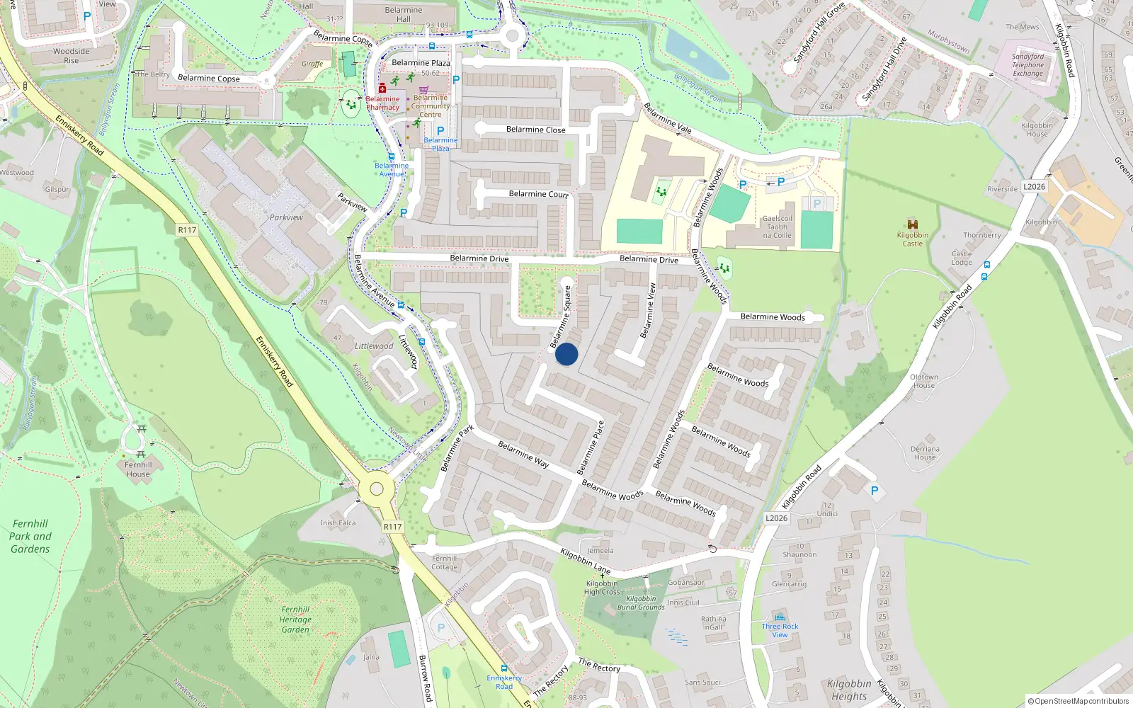 Overhead map showing the location of 15 Belarmine Square, Stepaside