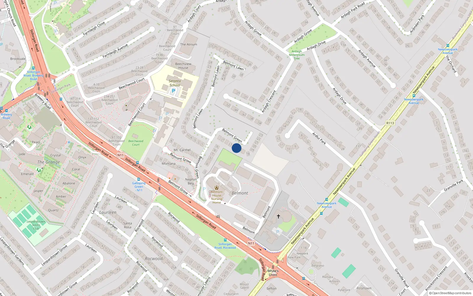 Overhead map showing the location of 15 Belmont Green, Blackrock