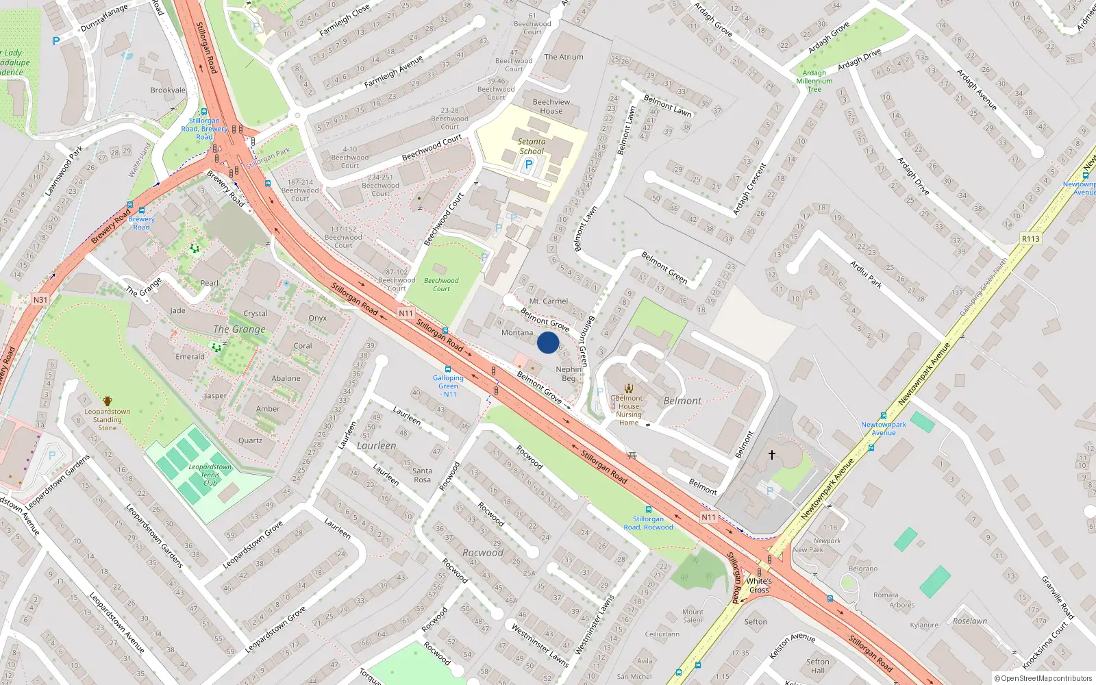 Overhead map showing the location of 15 Belmont Grove, Galloping Green, Stillorgan