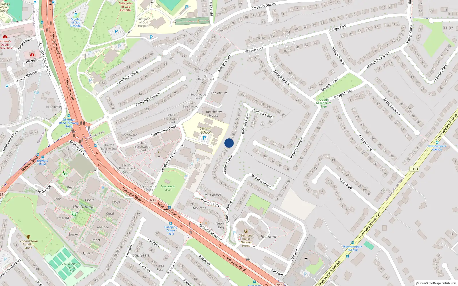 Overhead map showing the location of 15 Belmont Lawn, Stillorgan