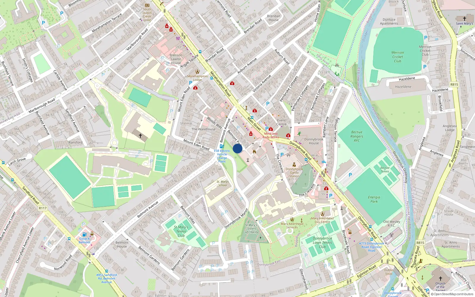 Overhead map showing the location of 15 Belmont Park, Donnybrook