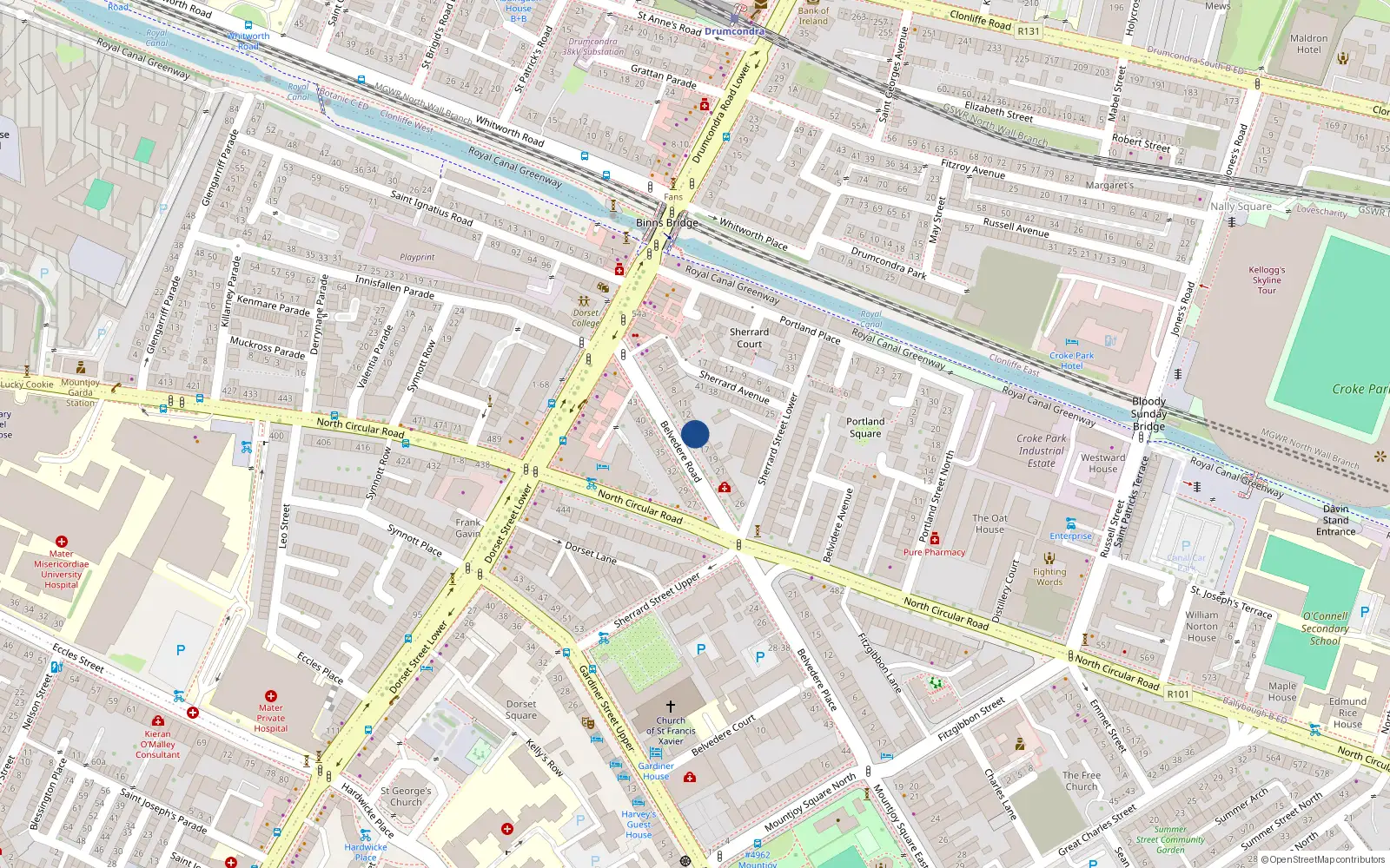 Overhead map showing the location of 15 Belvedere Road, N.c.r., Dublin 1