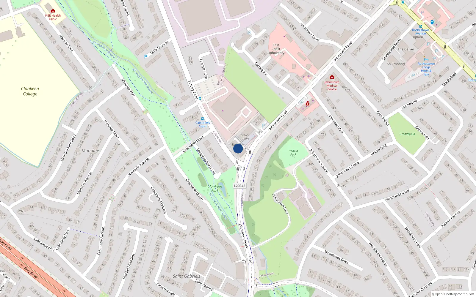 Overhead map showing the location of 15 Belville Court, Johnstown Road, Cabinteely