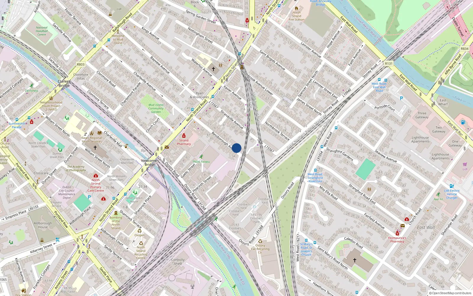 Overhead map showing the location of 15 Bessborough Avenue, North Strand, Dublin 3