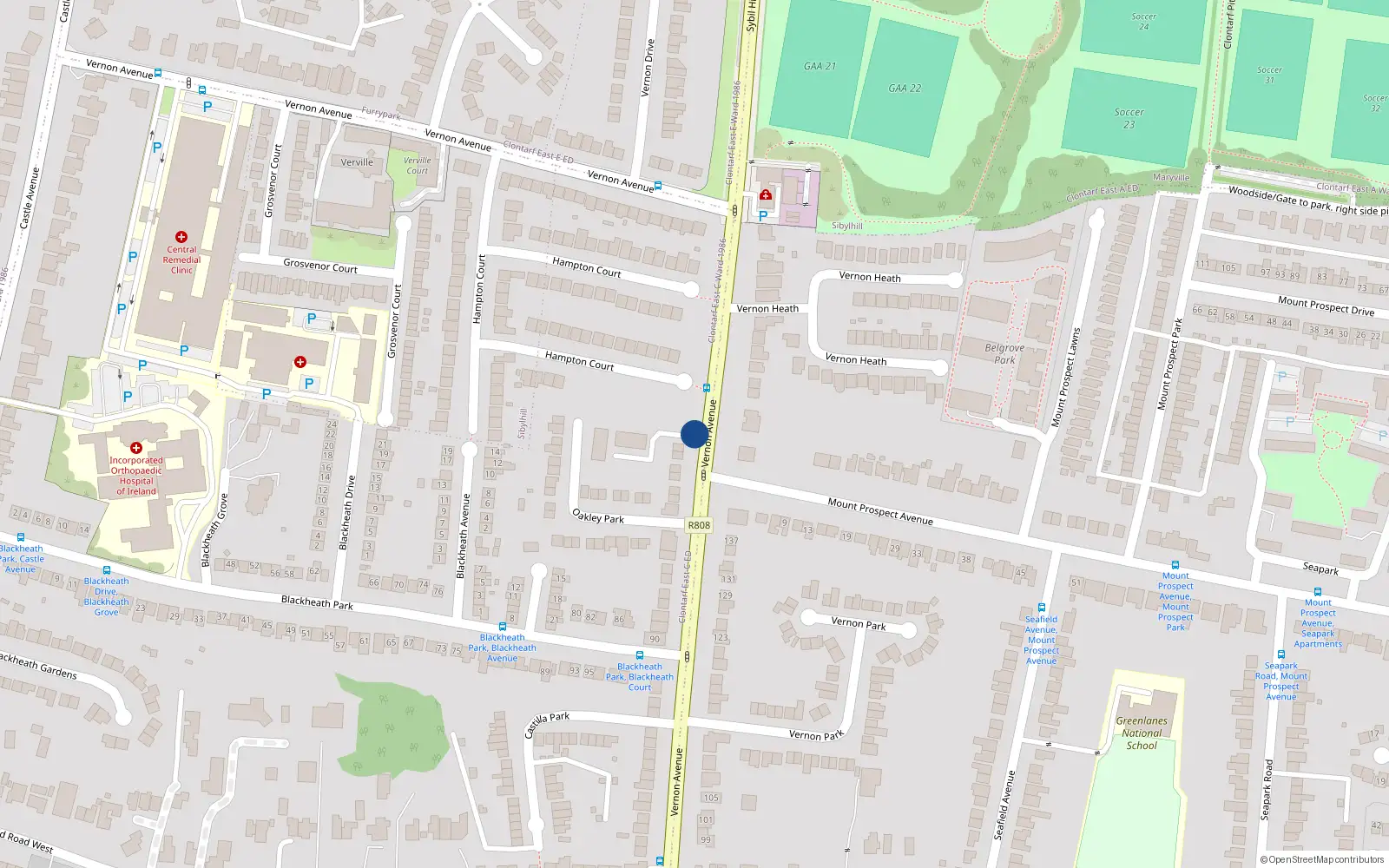 Overhead map showing the location of 15 Beverley Court, 138 Vernon Avenue, Clontarf Dublin 3