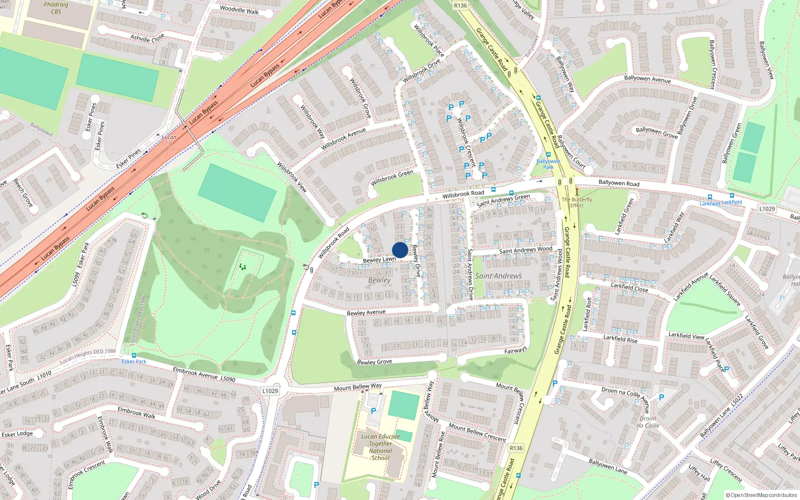 Overhead map showing the location of 15 Bewley Drive, Lucan