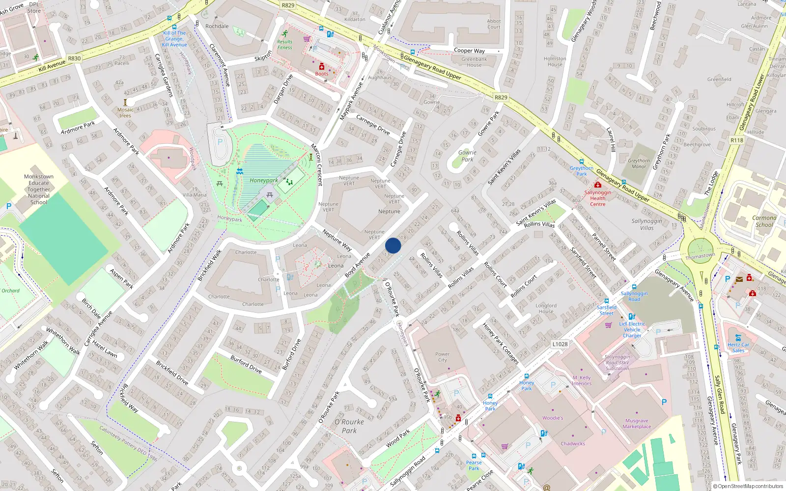 Overhead map showing the location of 15 Boyd Avenue, Dun Laoghaire