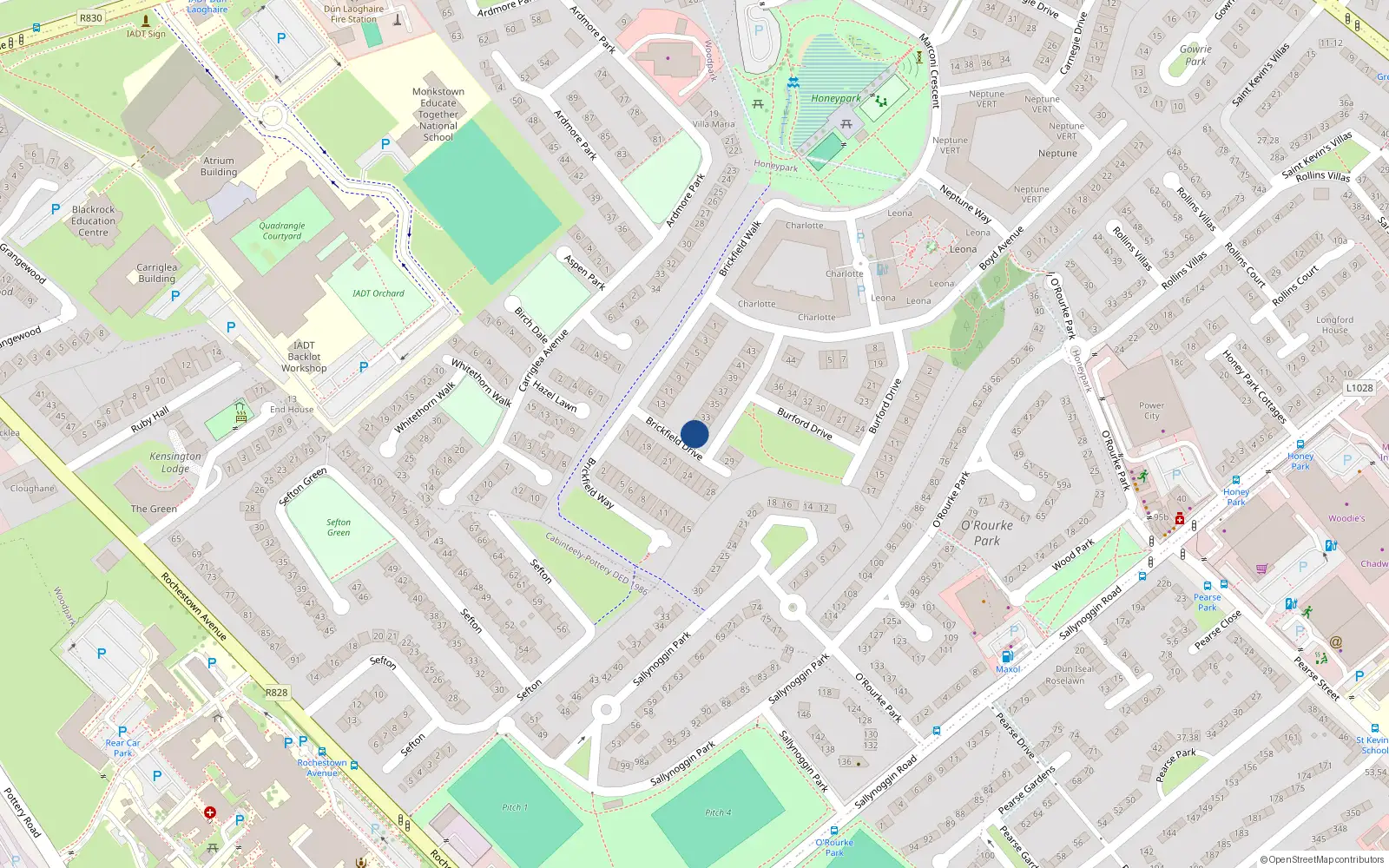 Overhead map showing the location of 15 Brickfield Drive, Dun Laoghaire