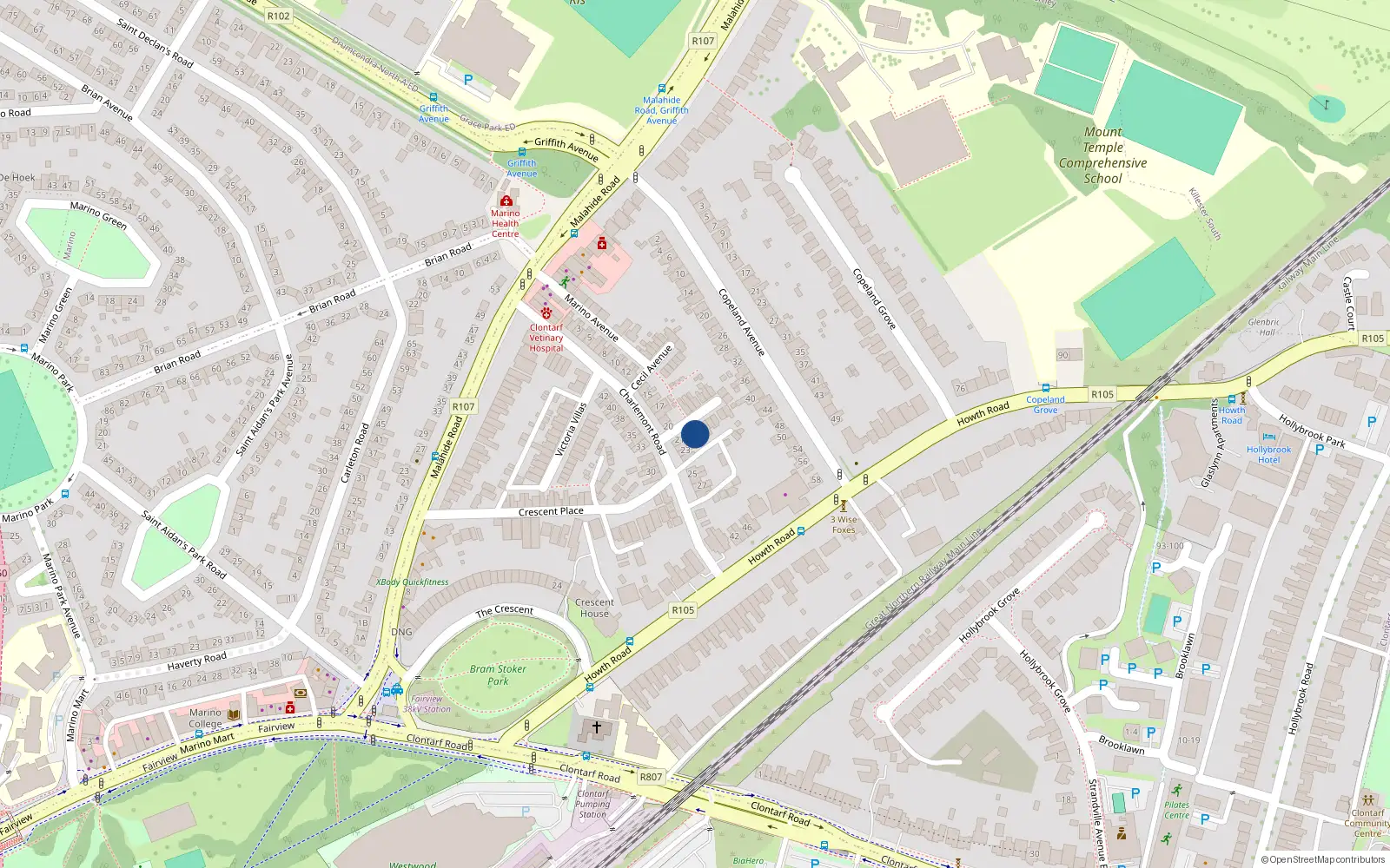 Overhead map showing the location of 15 Brighton Avenue, Clontarf, Dublin 3