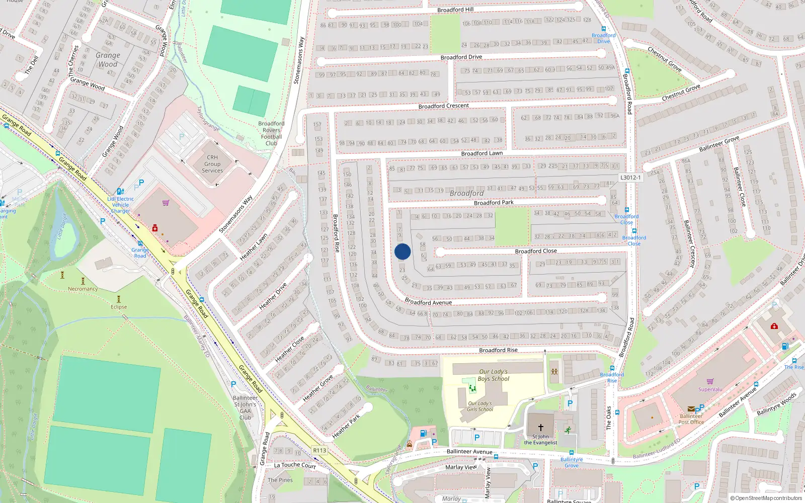 Overhead map showing the location of 15 Broadford Avenue, Dublin 16