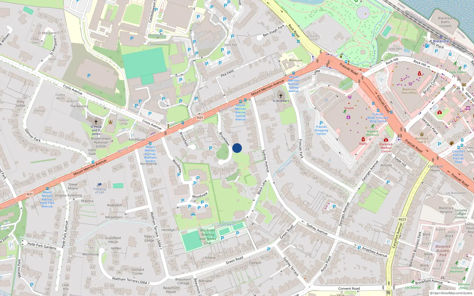 Overhead map showing the location of 15 Brooklawn, Blackrock