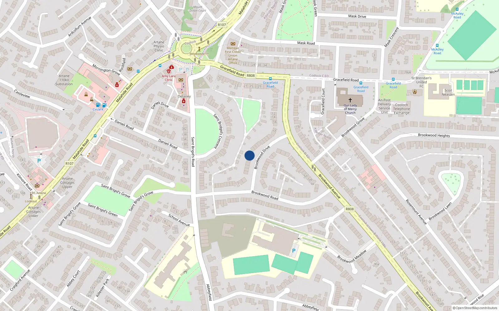 Overhead map showing the location of 15 Brookwood Drive, Artane, Dublin 5