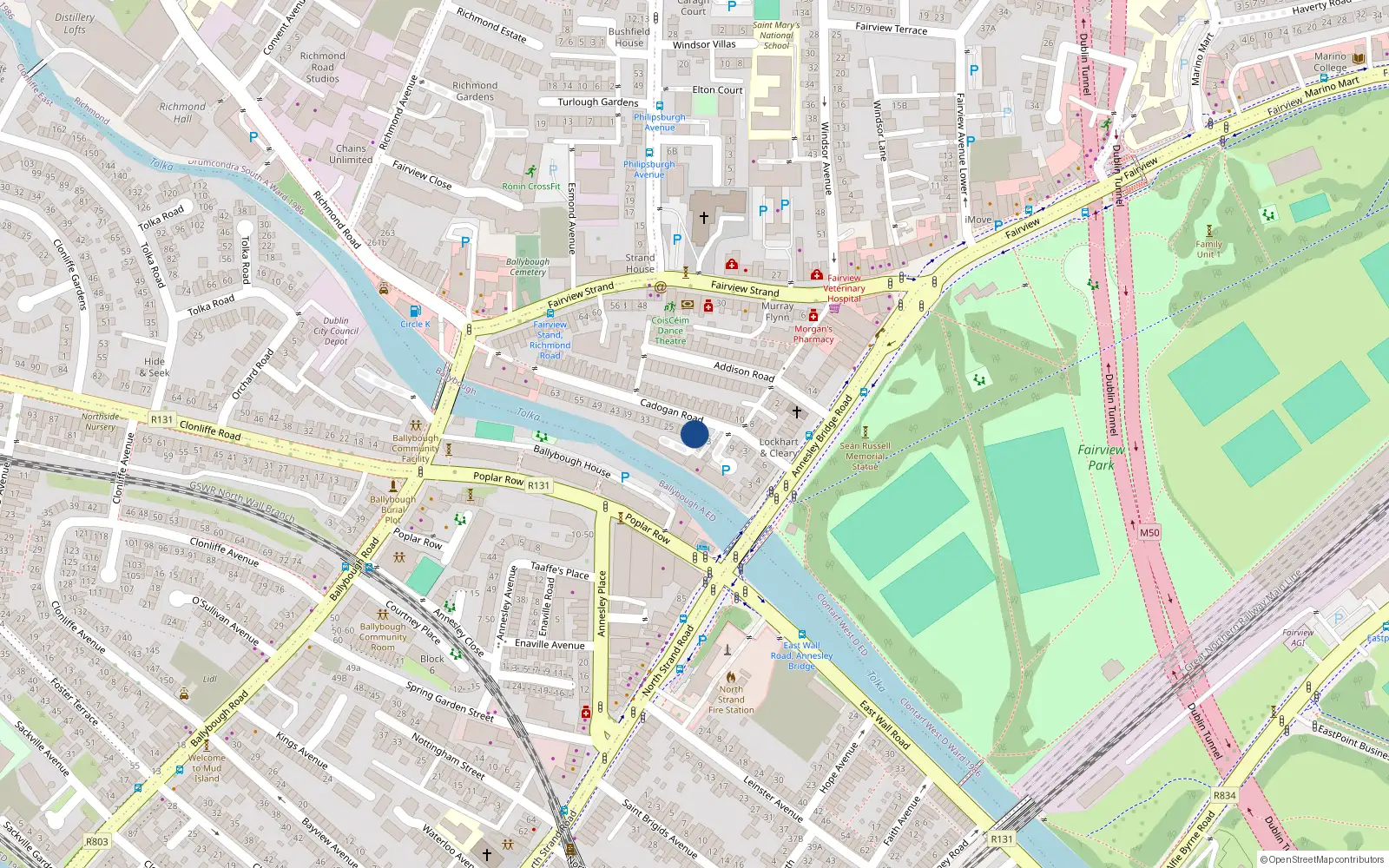 Overhead map showing the location of 15 Cadogan Road, Fairview, Dublin