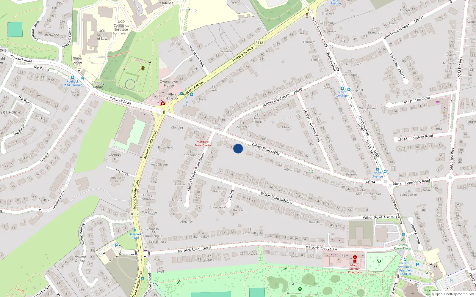 Overhead map showing the location of 15 Callary Road, Mount Merrion, Blackrock