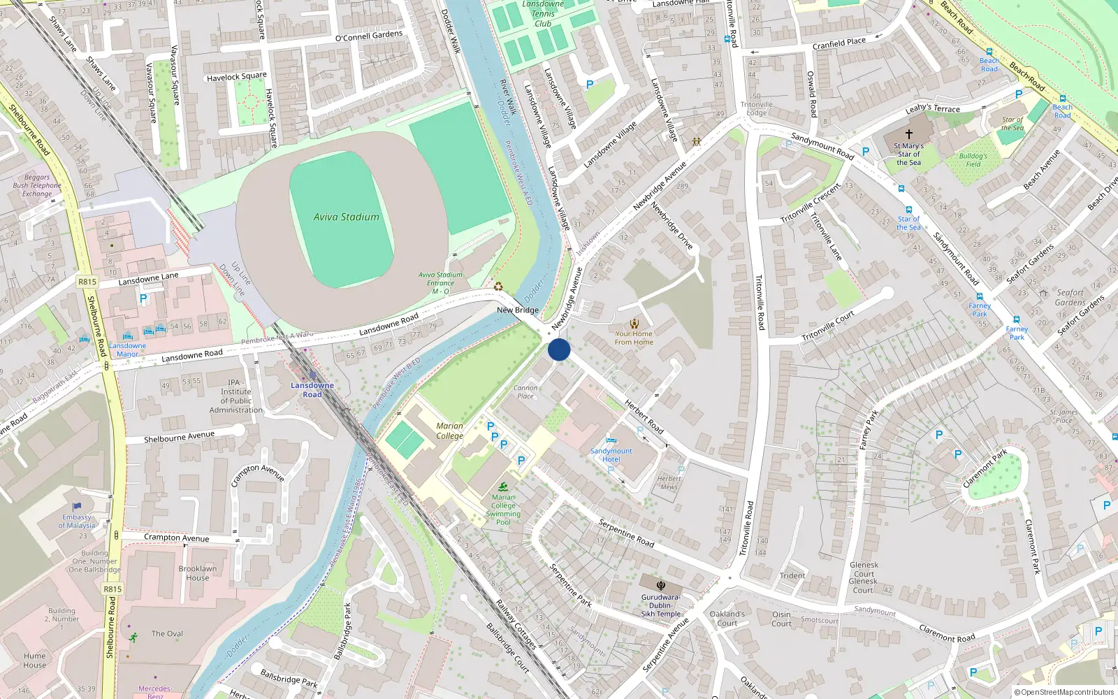 Overhead map showing the location of 15 Cannon Place, Sandymount