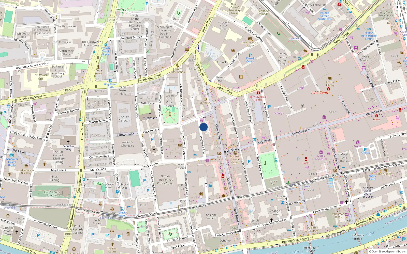 Overhead map showing the location of 15 Capel Street, Dublin 1