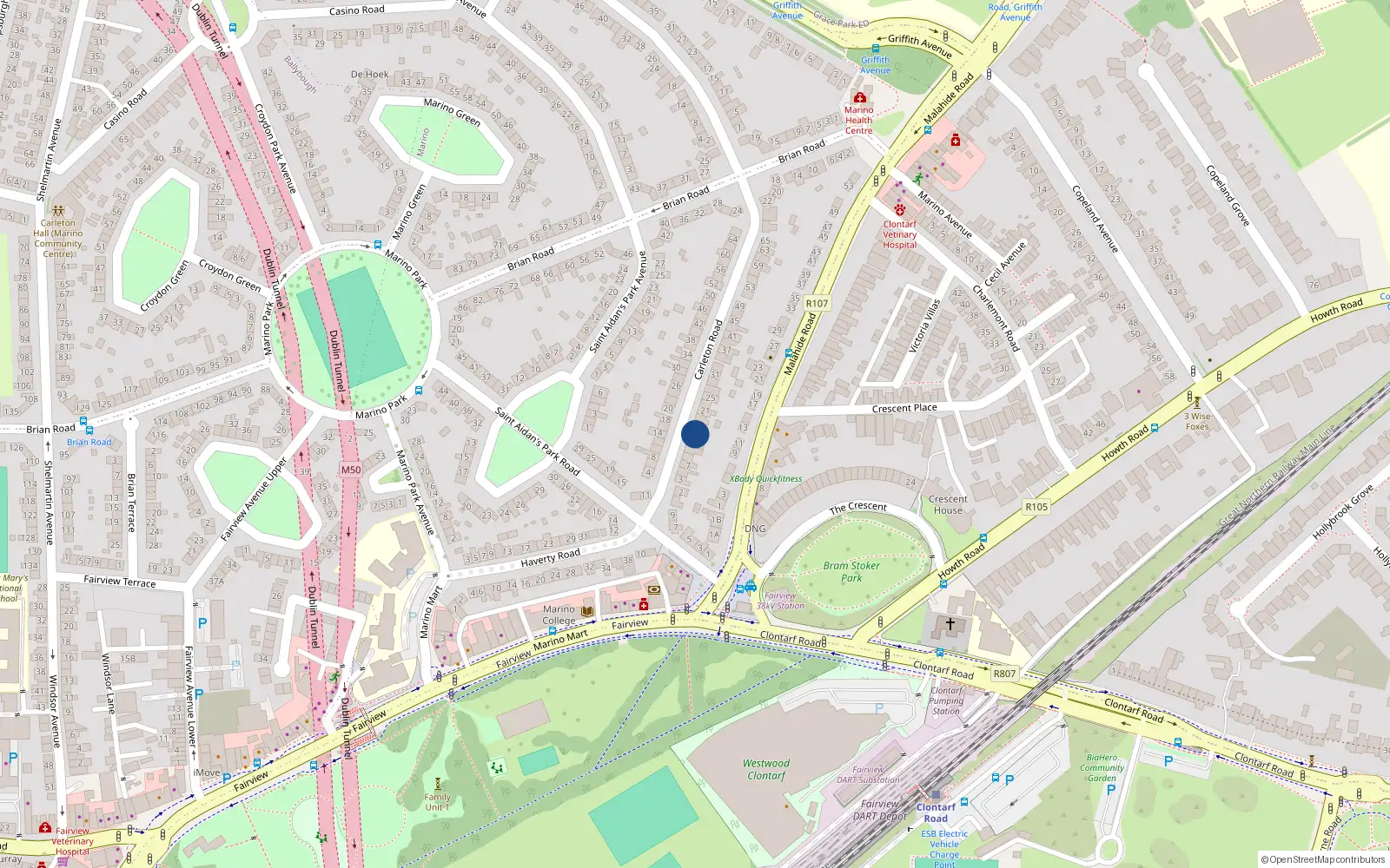 Overhead map showing the location of 15 Carleton Road, Dublin 3