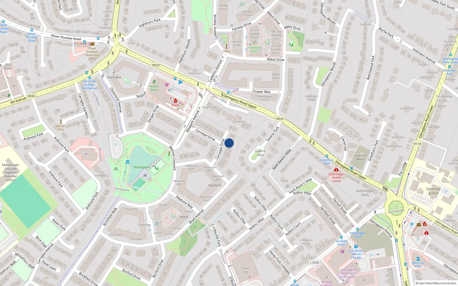 Overhead map showing the location of 15 Carnegie Drive, Dun Laoghaire