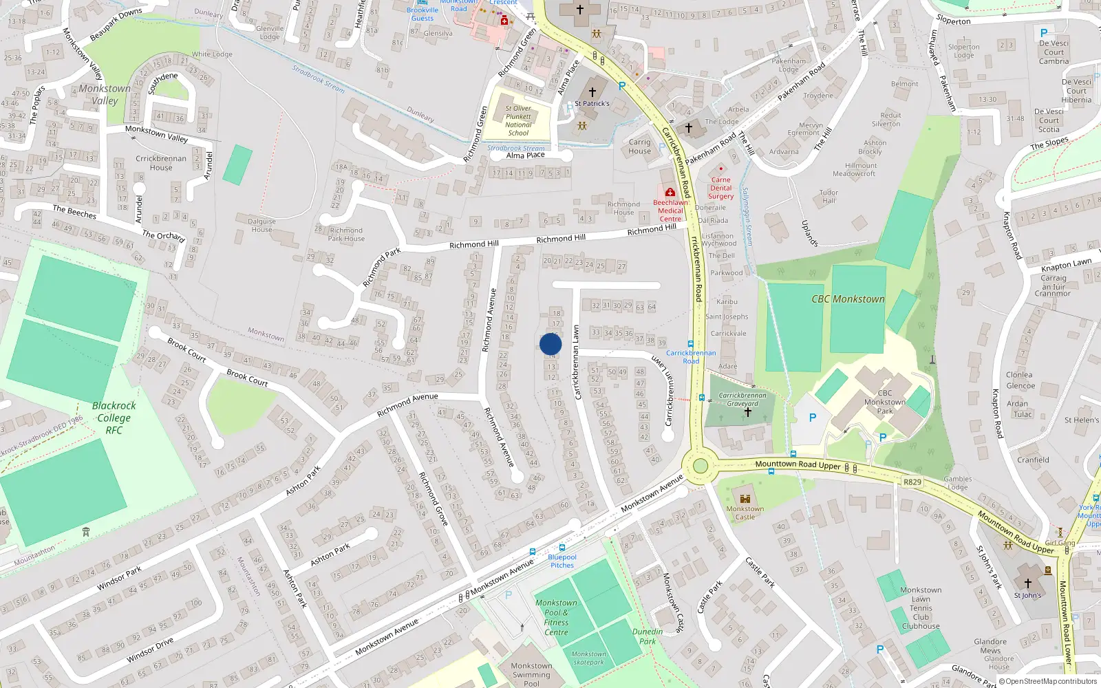 Overhead map showing the location of 15 Carrickbrennan Lawn, Monkstown, Dublin