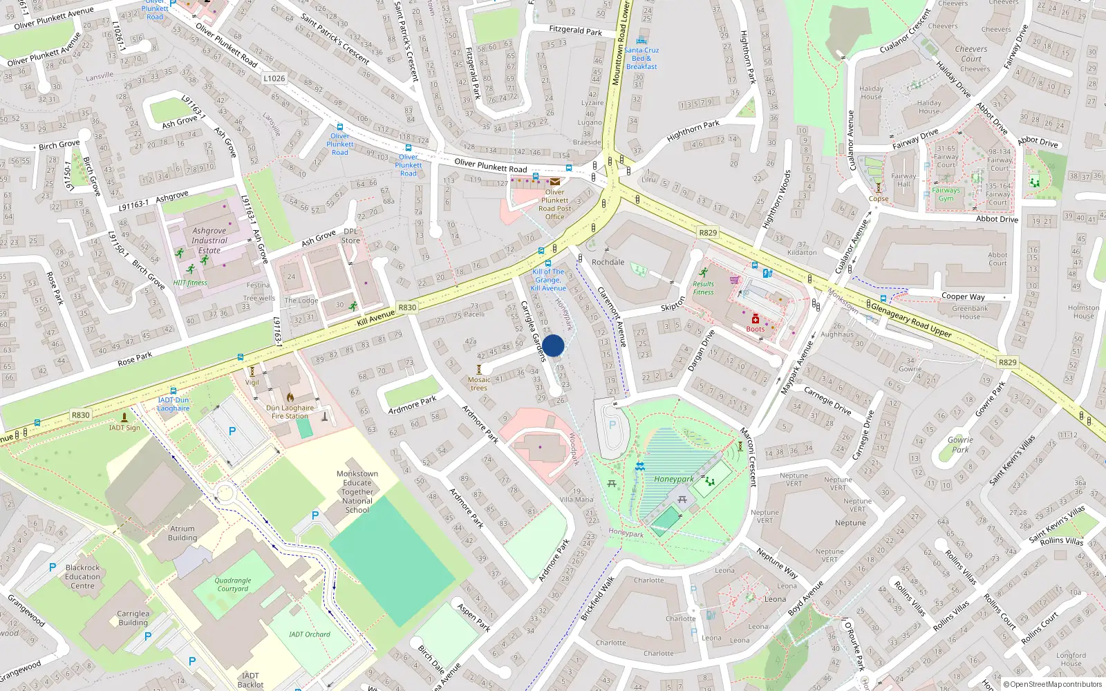 Overhead map showing the location of 15 Carriglea Gardens, Dun Laoghaire, Dublin