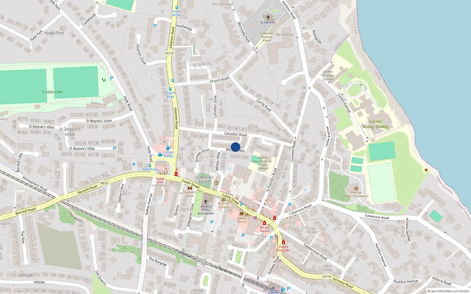 Overhead map showing the location of 15 Carysfort Cottages, Dalkey, County Dublin