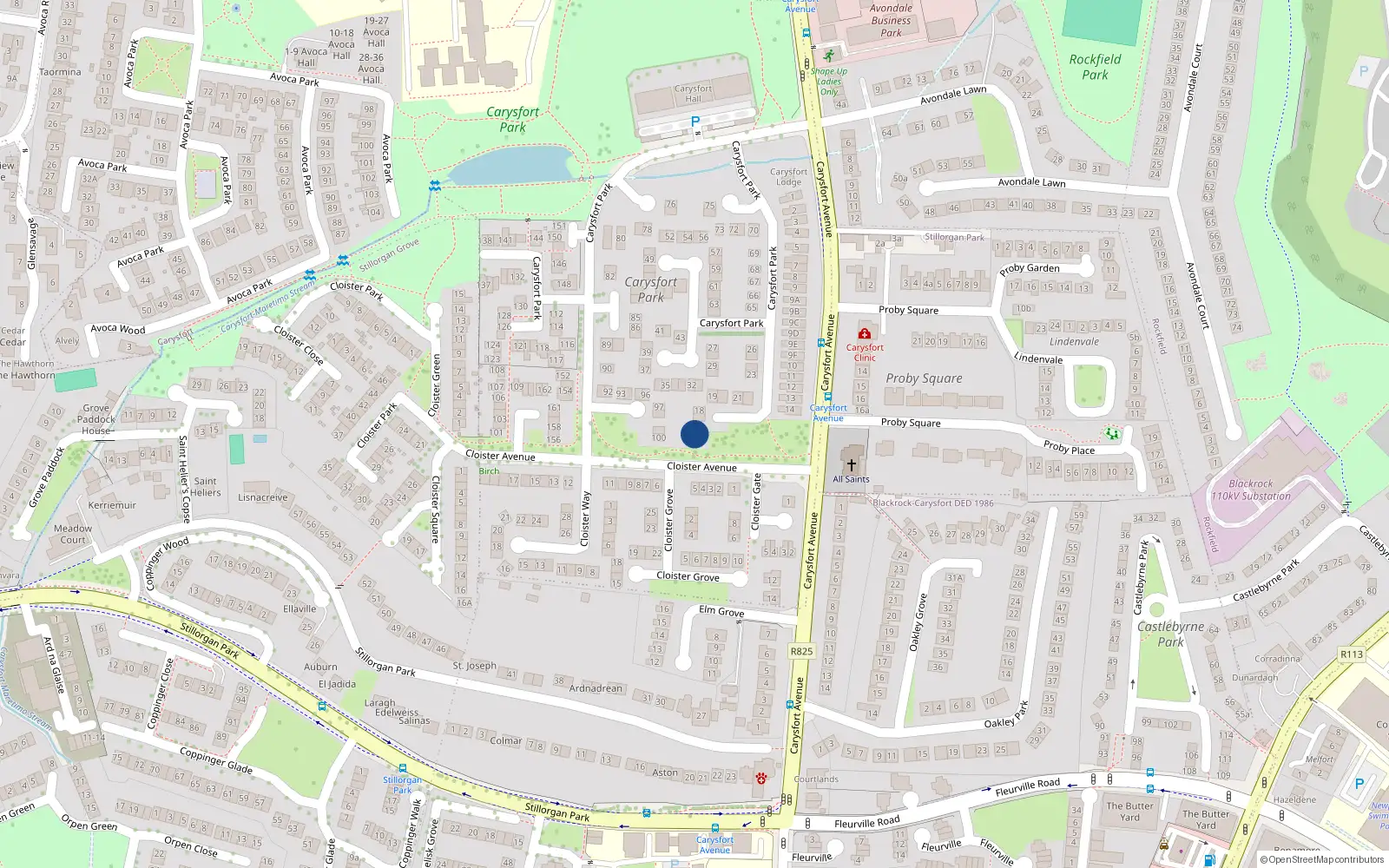 Overhead map showing the location of 15 Carysfort Park, Blackrock, Dublin