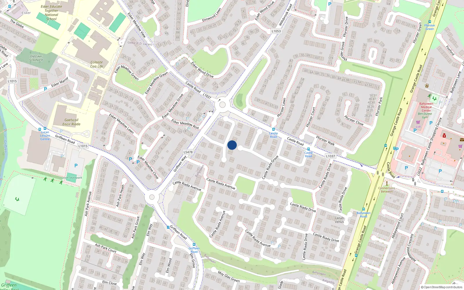 Overhead map showing the location of 15 Castle Riada Crescent, Lucan, Dublin