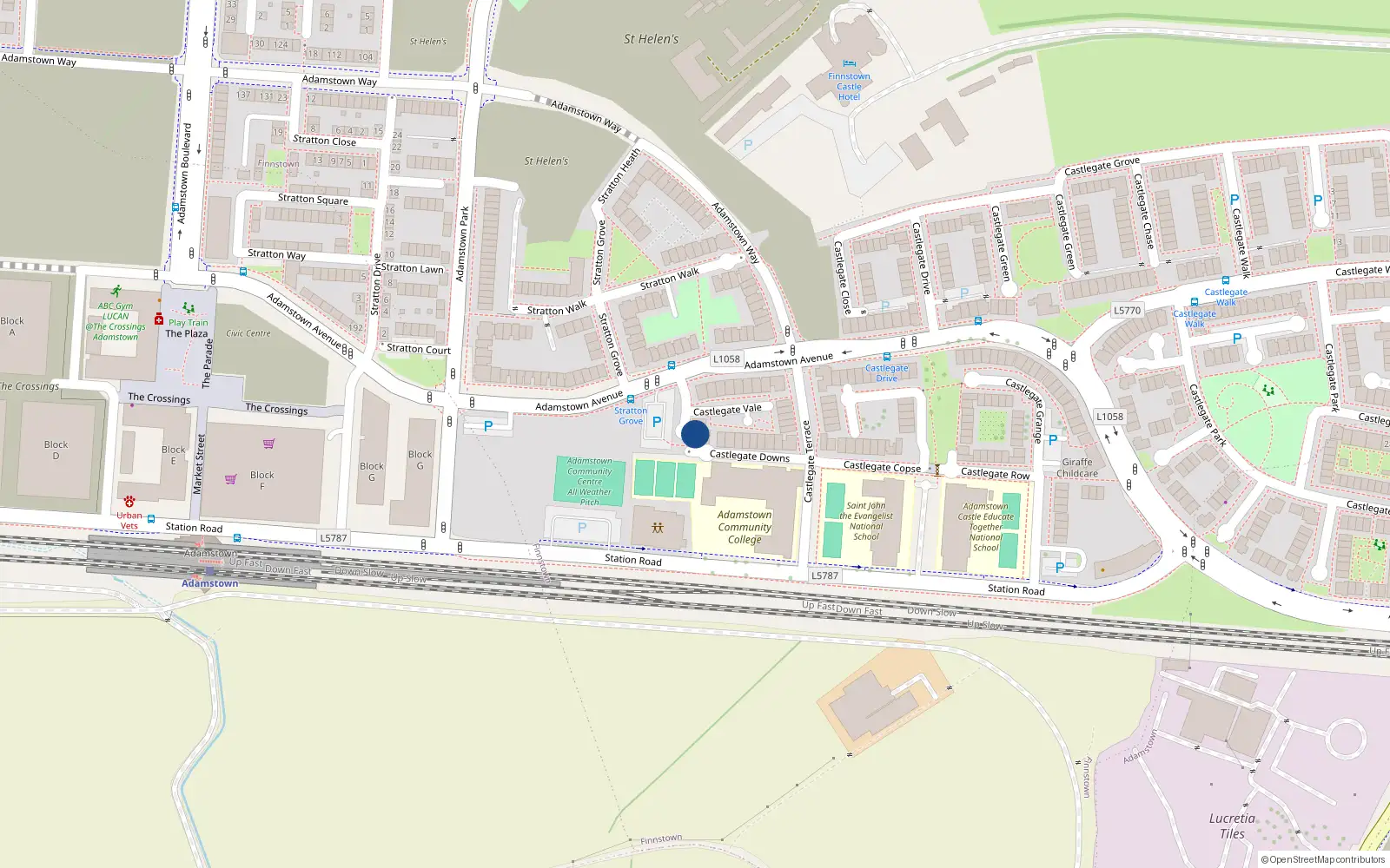 Overhead map showing the location of 15 Castlegate Down, Adamstown, Lucan