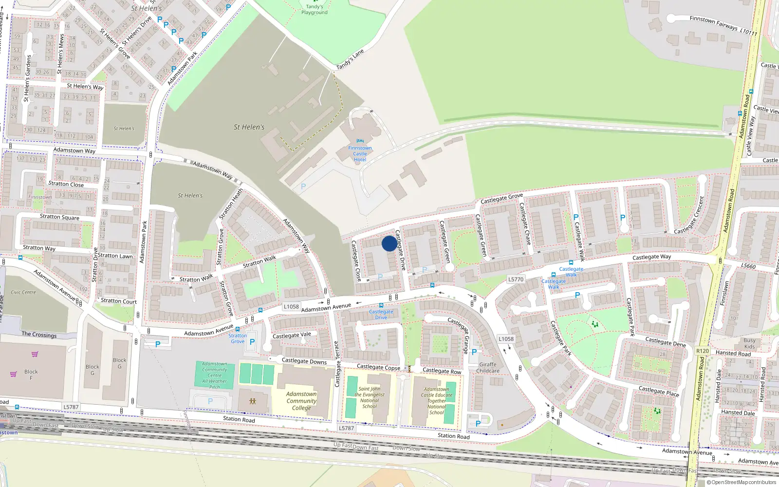 Overhead map showing the location of 15 Castlegate Drive, Adamstown Castle, Adamstown