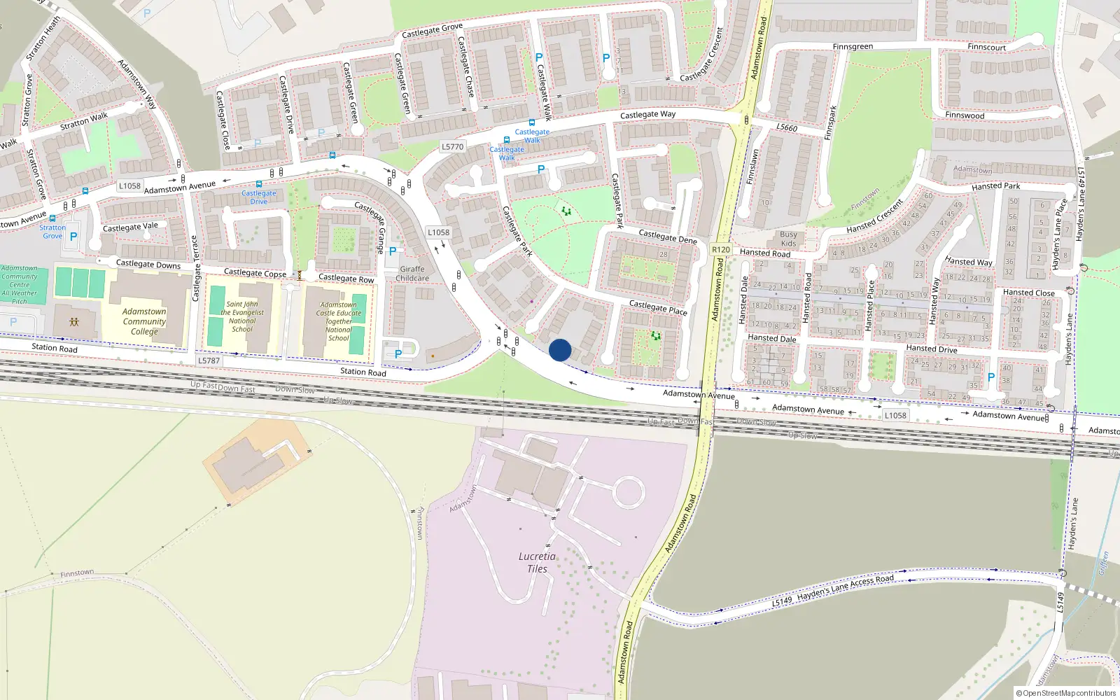 Overhead map showing the location of 15 Castlegate Lawn, Adamstown, Lucan