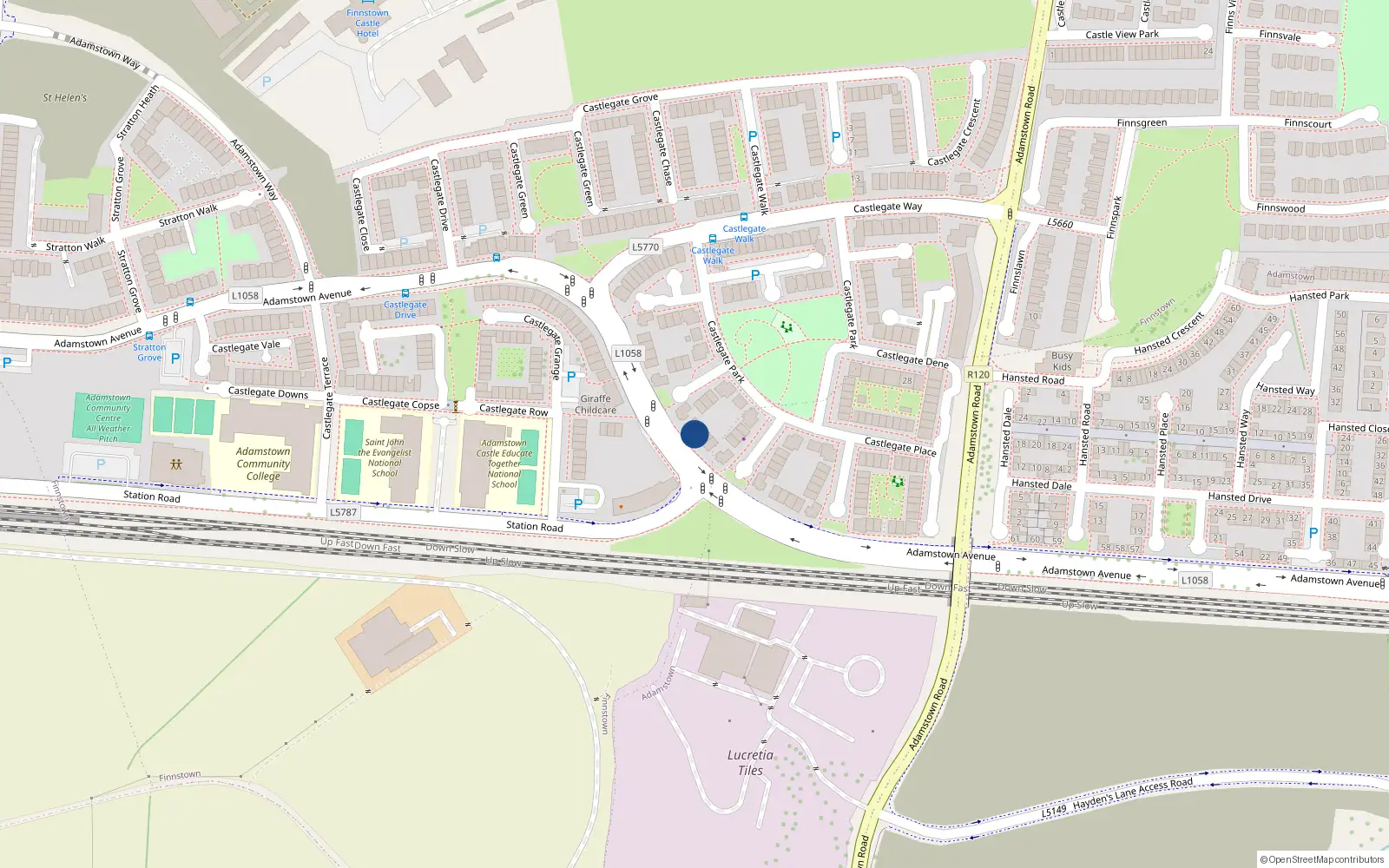 Overhead map showing the location of 15 Castlegate Mews, Adamstown, Lucan