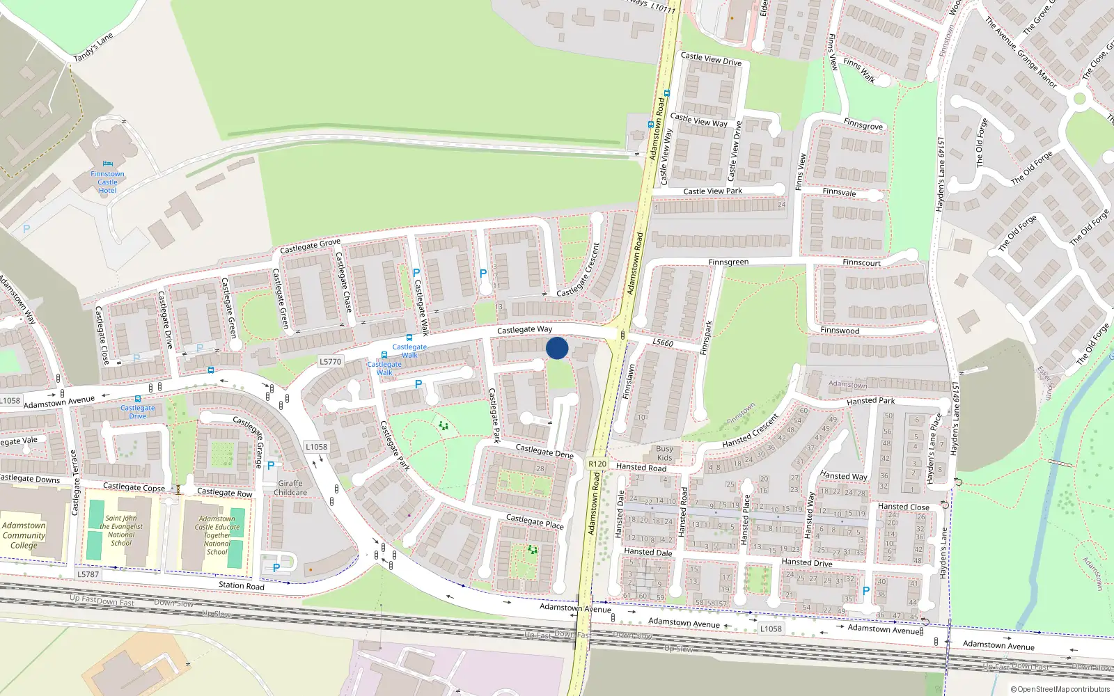 Overhead map showing the location of 15 Castlegate Way, Adamstown, Lucan