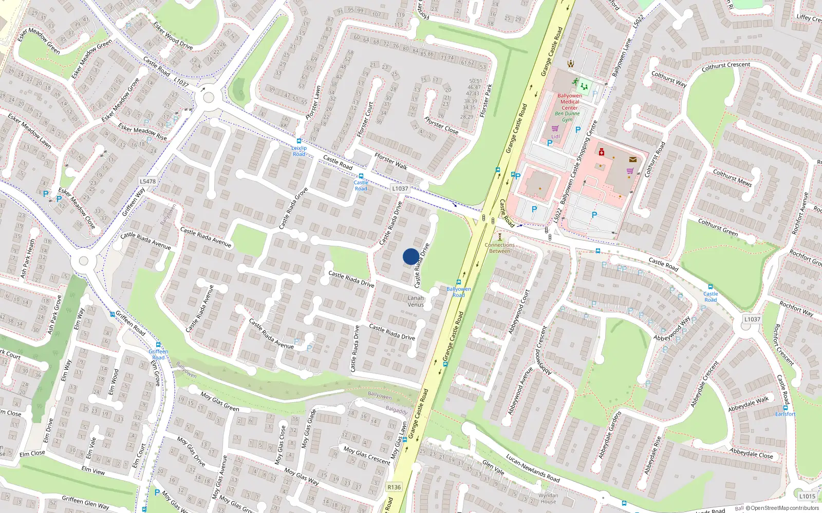 Overhead map showing the location of 15 Castleriada Drive, Lucan, Dublin