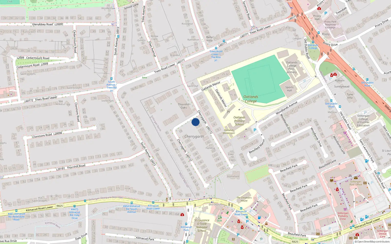 Overhead map showing the location of 15 Cherry Garth, Mount Merrion, Blackrock