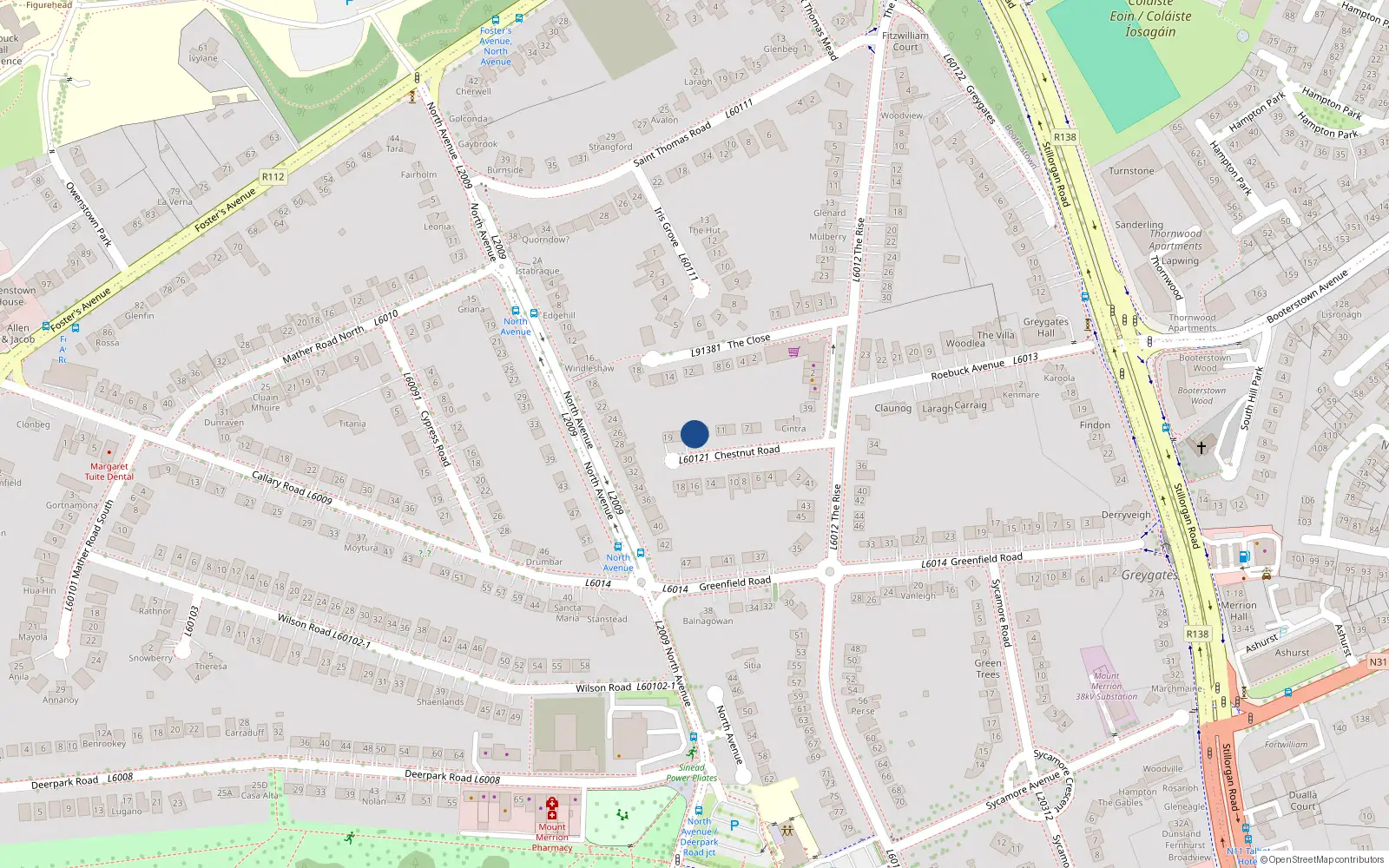 Overhead map showing the location of 15 Chestnut Road, Mount Merrion, Co Dublin