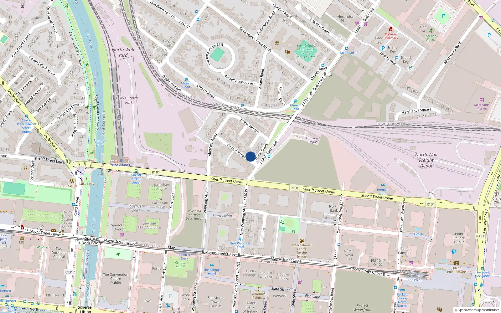 Overhead map showing the location of 15 Church St East, East Wall, Dublin 3