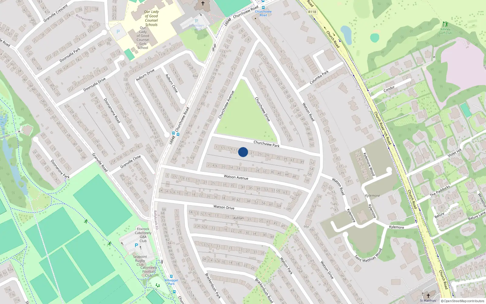 Overhead map showing the location of 15 Churchview Park, Killiney