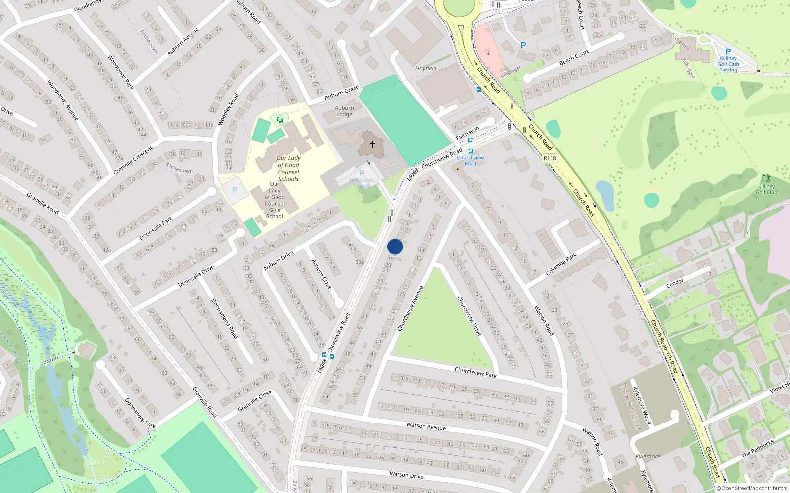 Overhead map showing the location of 15 Churchview Road, Killiney, Dublin