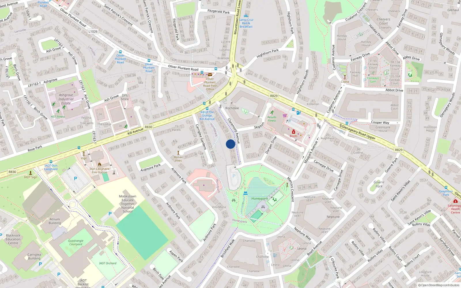Overhead map showing the location of 15 Claremont Avenue, Dun Laoghaire